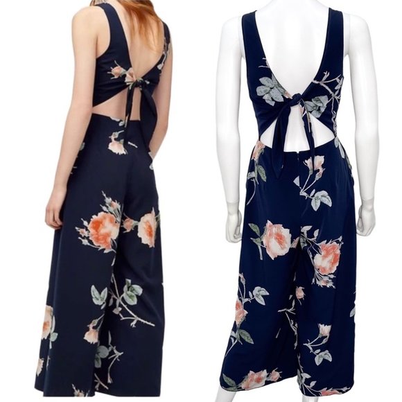 Aritzia Wilfred Ecoulement Floral Jumpsuit Cropped Wide Leg Royal Navy/Rosso - Picture 2 of 14
